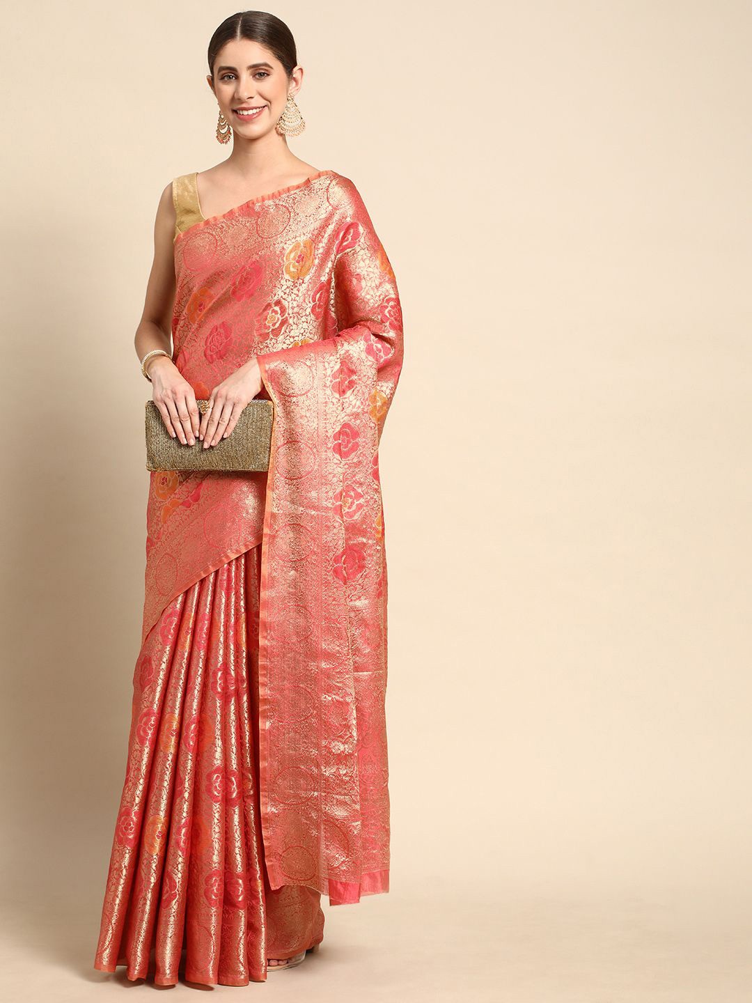 

KIMISHA Woven Design Zari Organza Kanjeevaram Saree, Pink