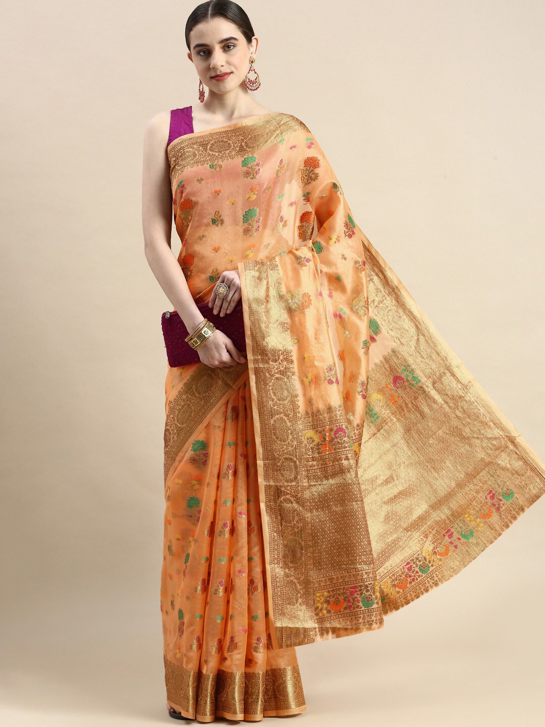 

KIMISHA Woven Design Zari Organza Kanjeevaram Saree, Peach
