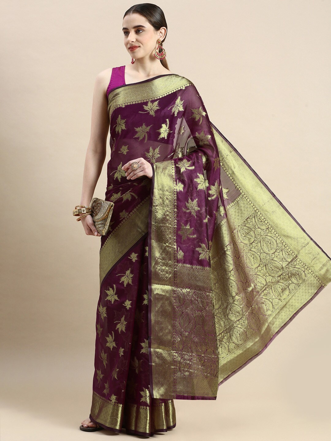 

KIMISHA Ethnic Motifs Zari Organza Kanjeevaram Saree, Purple