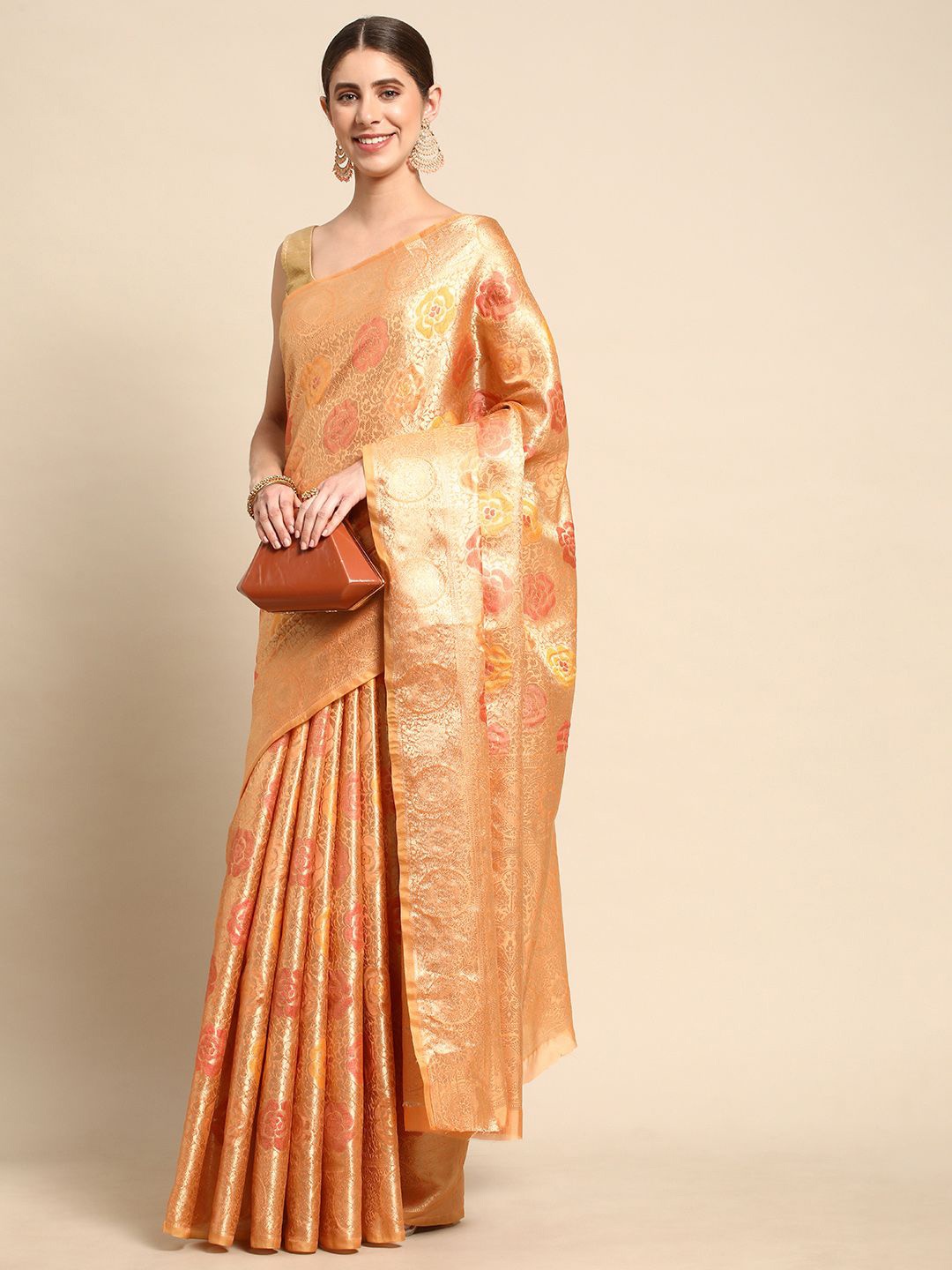 

KIMISHA Floral Zari Organza Kanjeevaram Saree, Peach