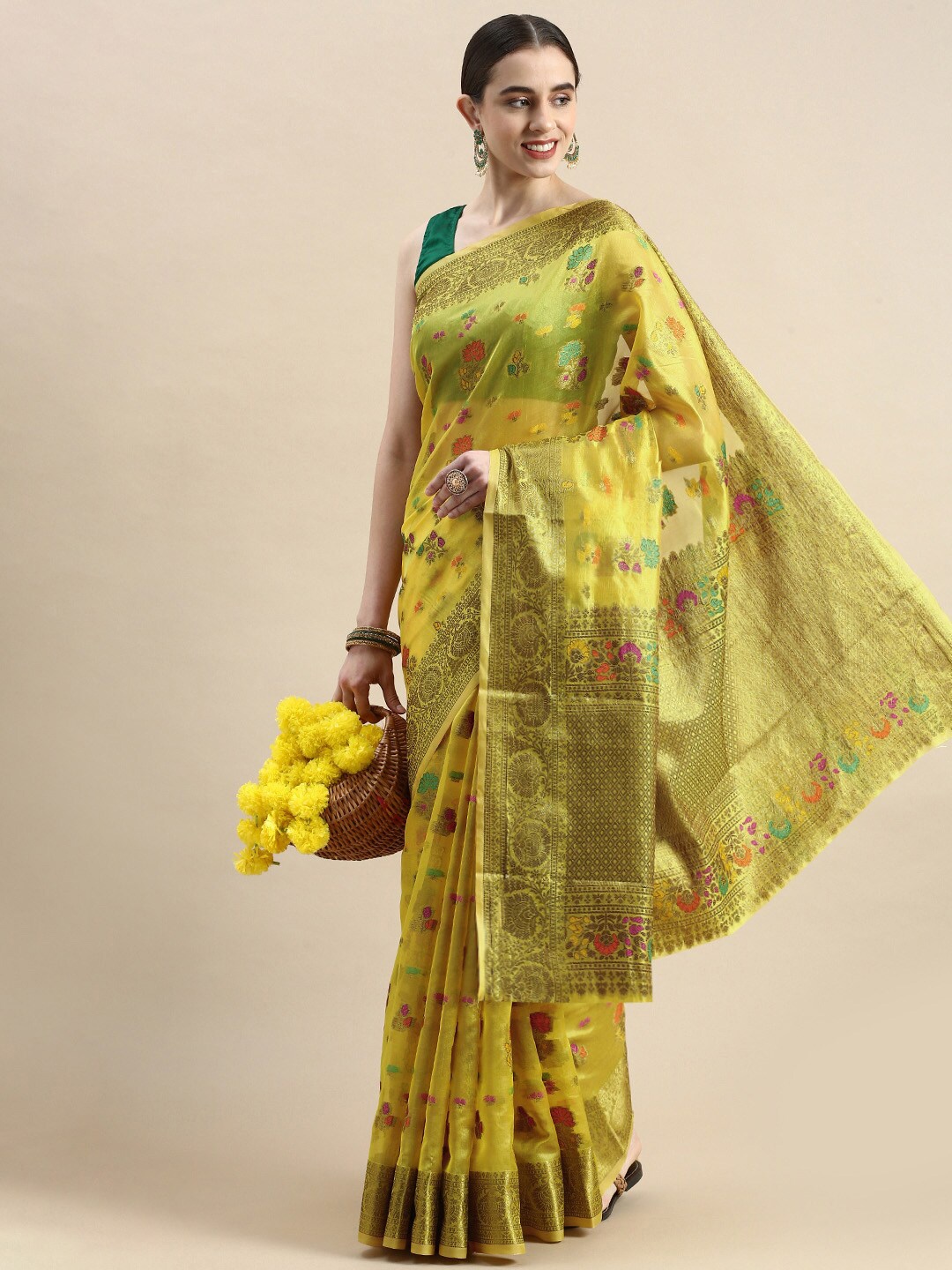 

KIMISHA Woven Design Zari Organza Kanjeevaram Saree, Yellow