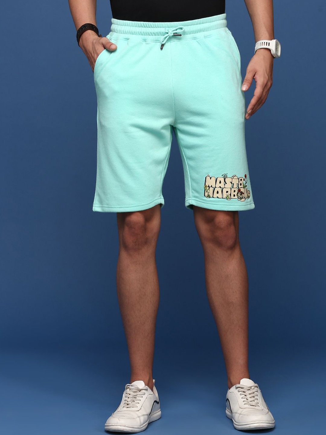

Mast & Harbour Men Sea Green Typography Printed Mid-Rise Casual Shorts