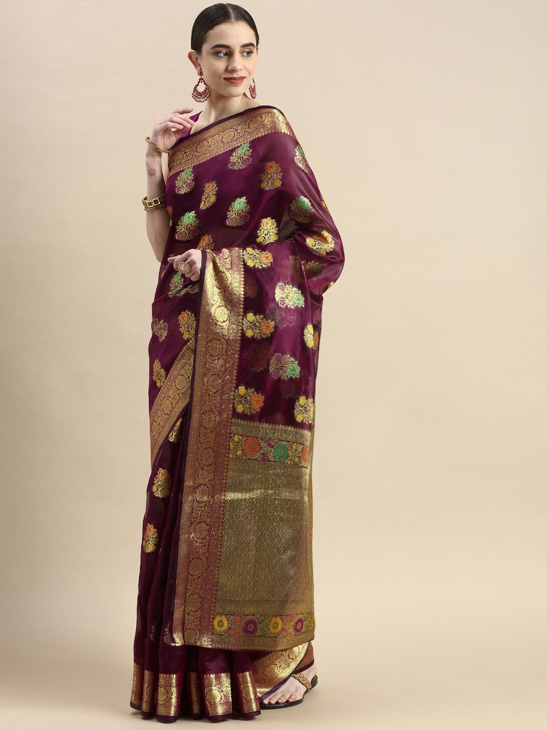 

KIMISHA Woven Design Zari Organza Kanjeevaram Saree, Purple