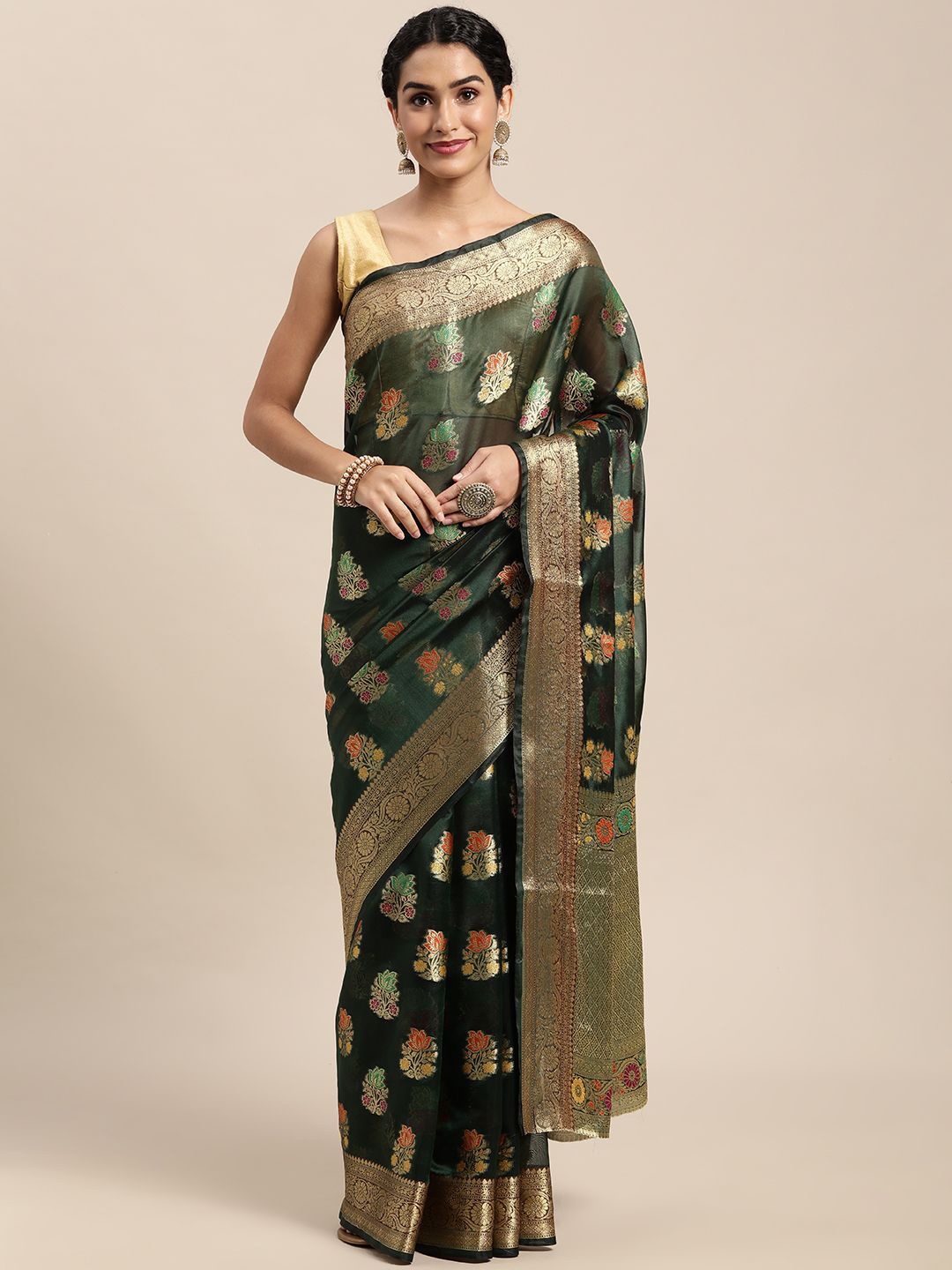 

KIMISHA Ethnic Motifs Zari Organza Kanjeevaram Saree, Green