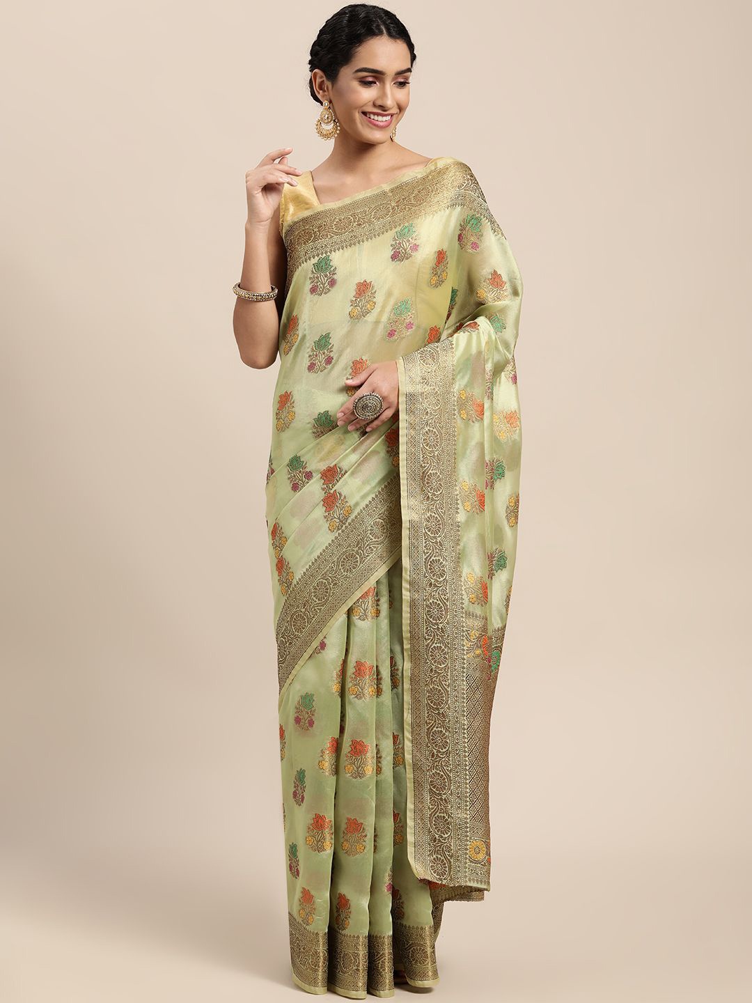 

KIMISHA Woven Design Zari Organza Kanjeevaram Saree, Green