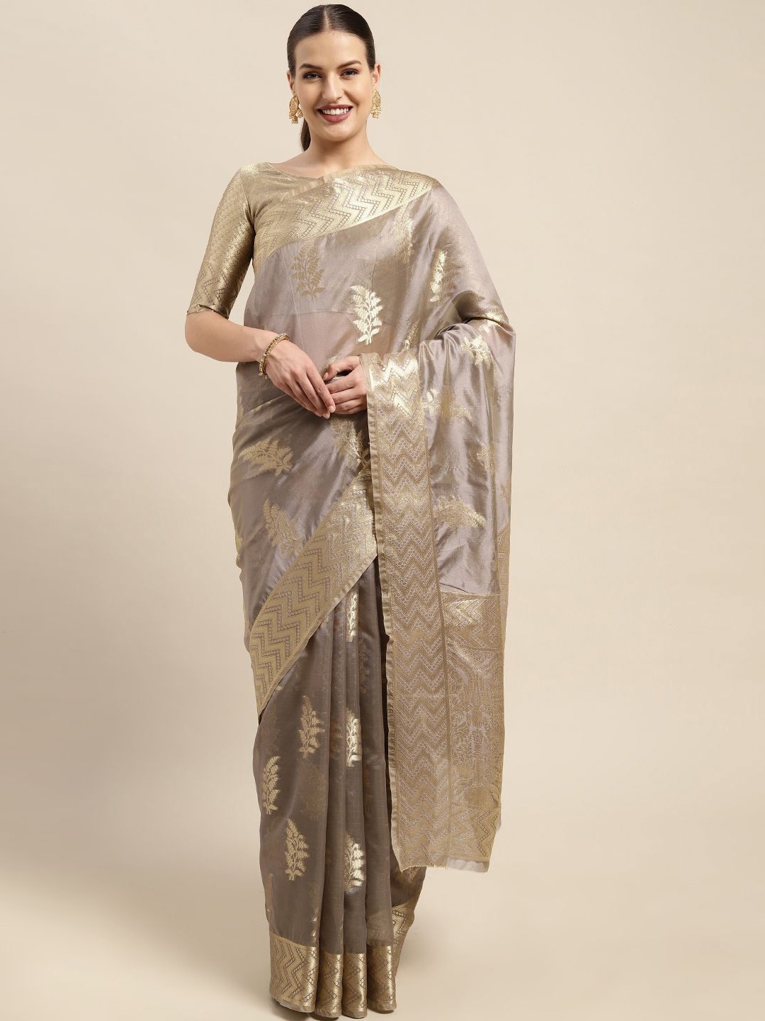 

KIMISHA Ethnic Motifs Zari Organza Kanjeevaram Saree, Grey