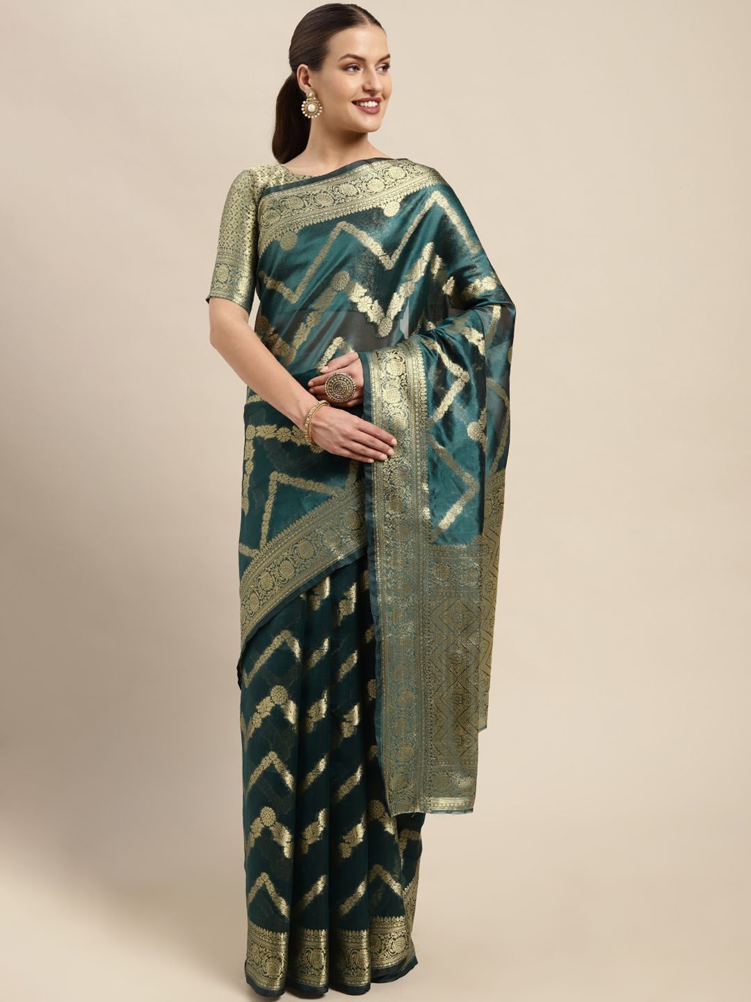 

KIMISHA Ethnic Motifs Zari Organza Kanjeevaram Saree, Green