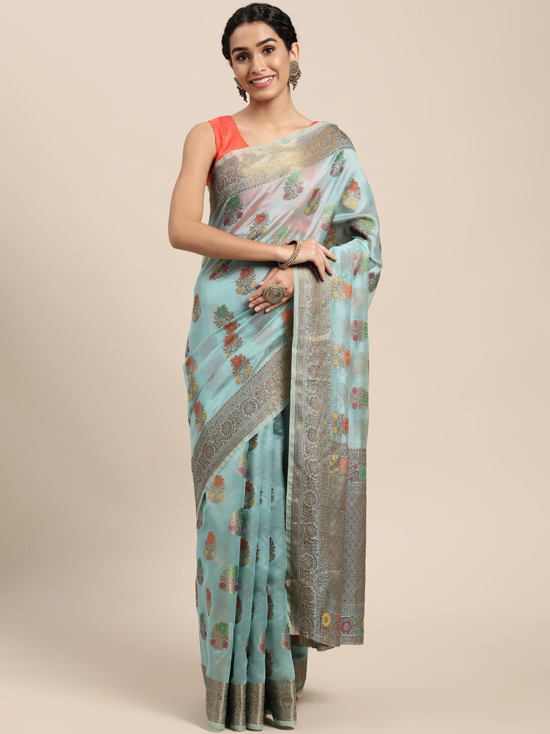 

KIMISHA Woven Design Zari Organza Kanjeevaram Saree, Blue
