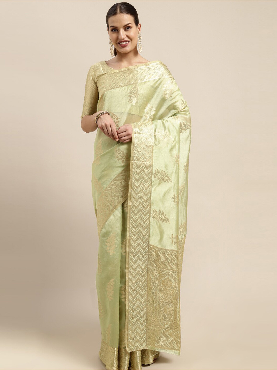 

KIMISHA Ethnic Motifs Zari Organza Kanjeevaram Saree, Green