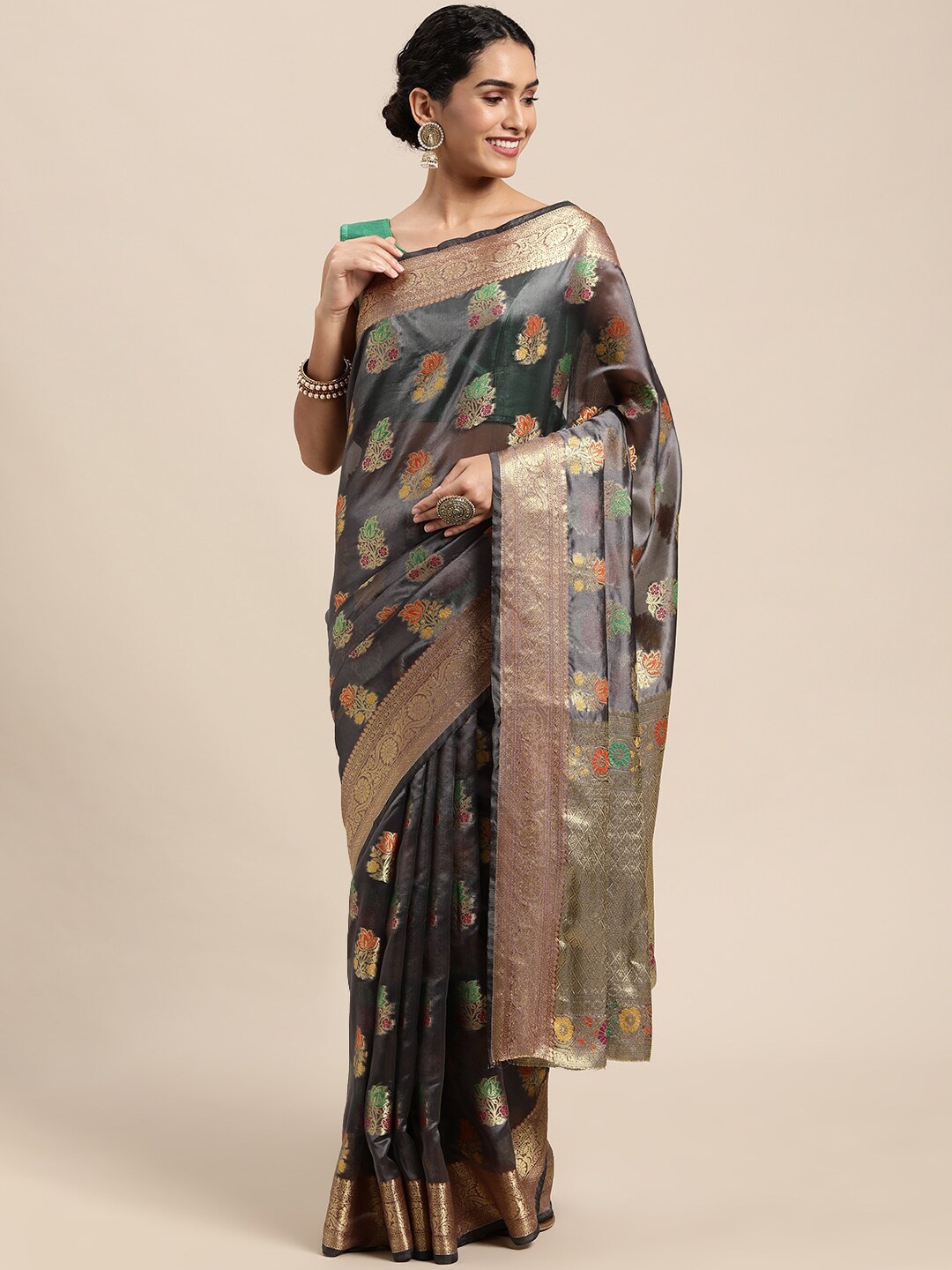 

KIMISHA Woven Design Zari Organza Kanjeevaram Saree, Grey