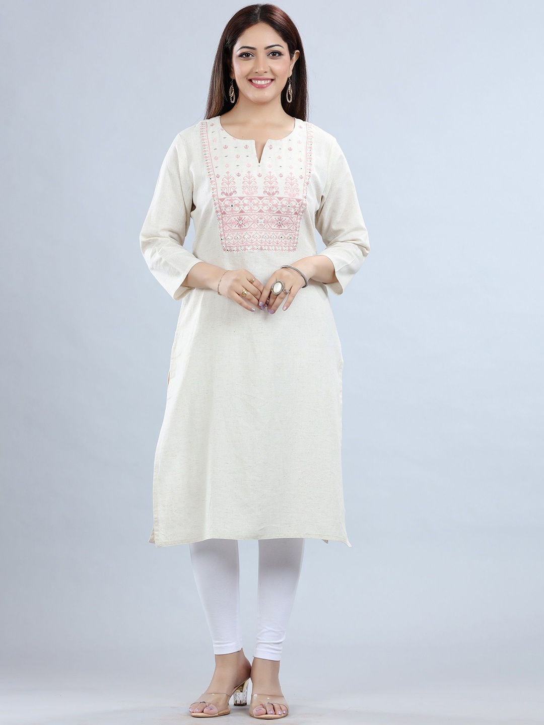 

COTTON CULTURE Women Ethnic Motifs Embroidered Thread Work Kurta, Off white