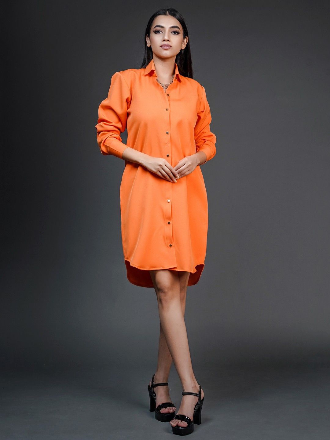 

KINA Cuffed Sleeves Shirt Dress, Orange
