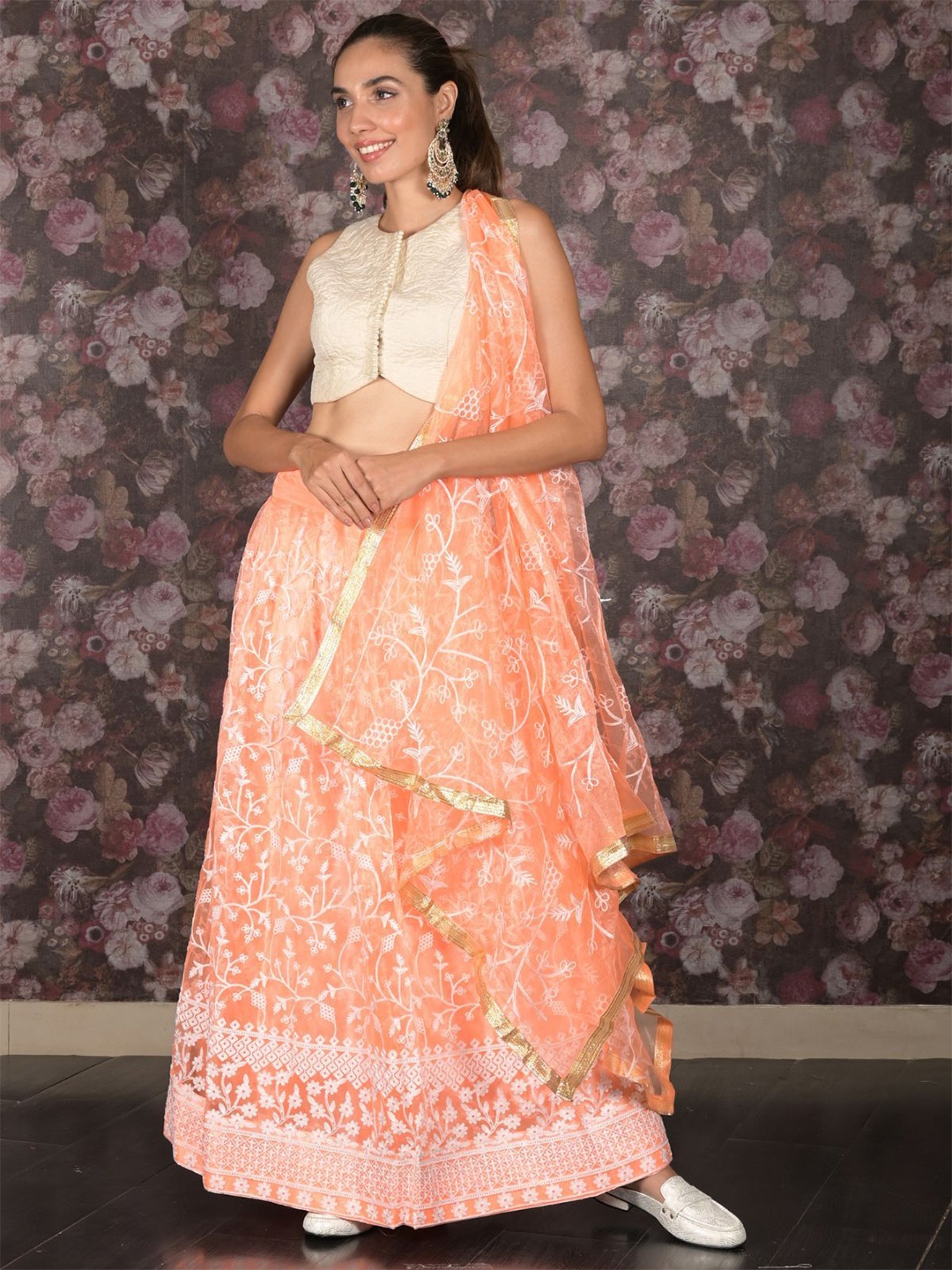 

ODETTE Thread Work Semi-Stitched Lehenga & Unstitched Blouse With Dupatta, Orange