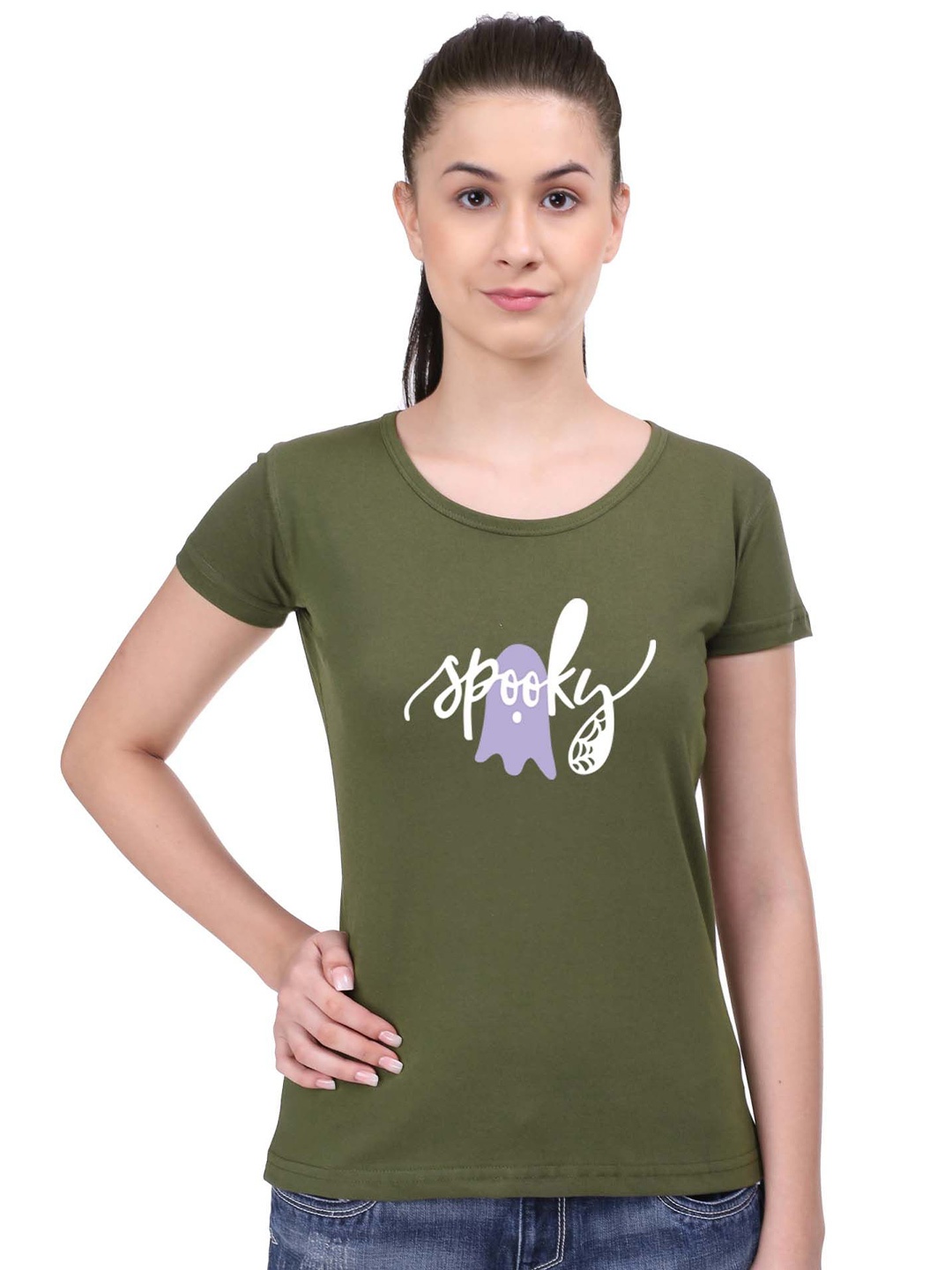 

STATUS MANTRA Women Printed Pockets T-shirt, Olive