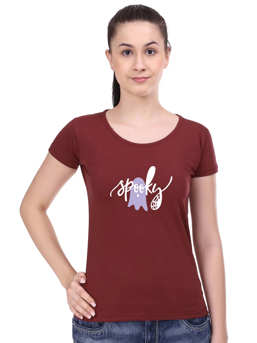 

STATUS MANTRA Women Printed Pockets T-shirt, Maroon