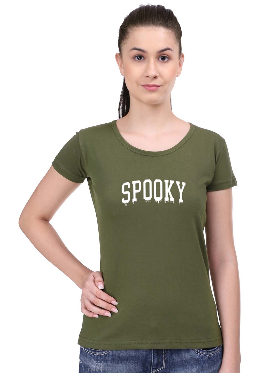 

STATUS MANTRA Women Typography Printed Raw Edge T-shirt, Olive