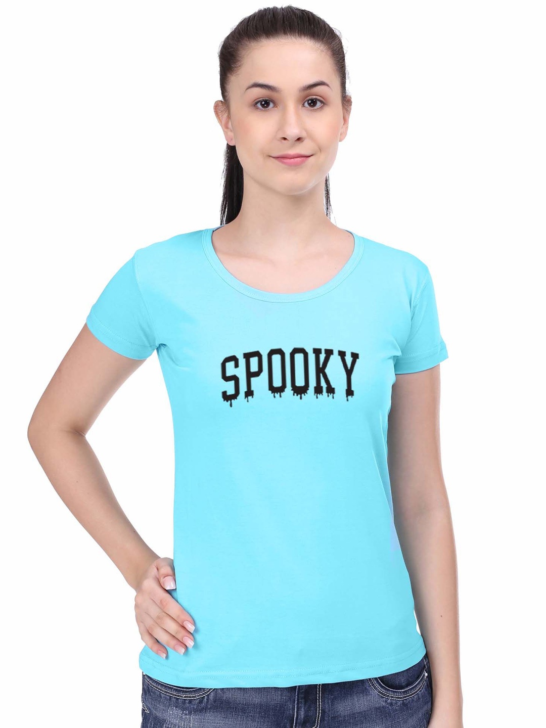 

STATUS MANTRA Women Typography Printed Pockets T-shirt, Turquoise blue