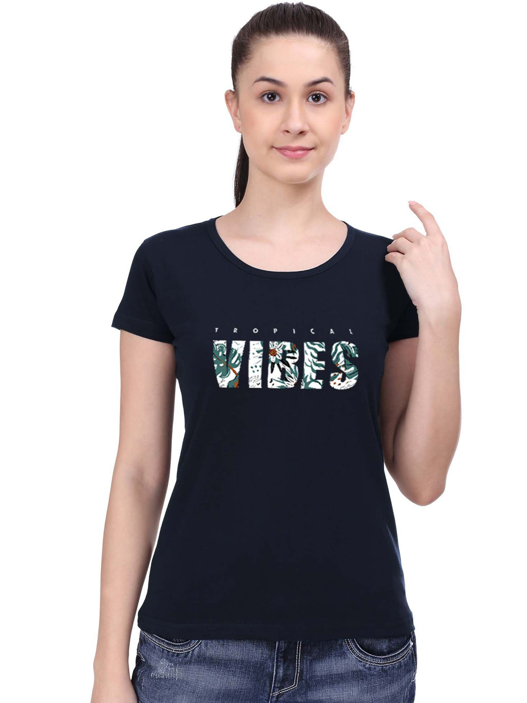 

STATUS MANTRA Women Typography Printed Pockets T-shirt, Navy blue