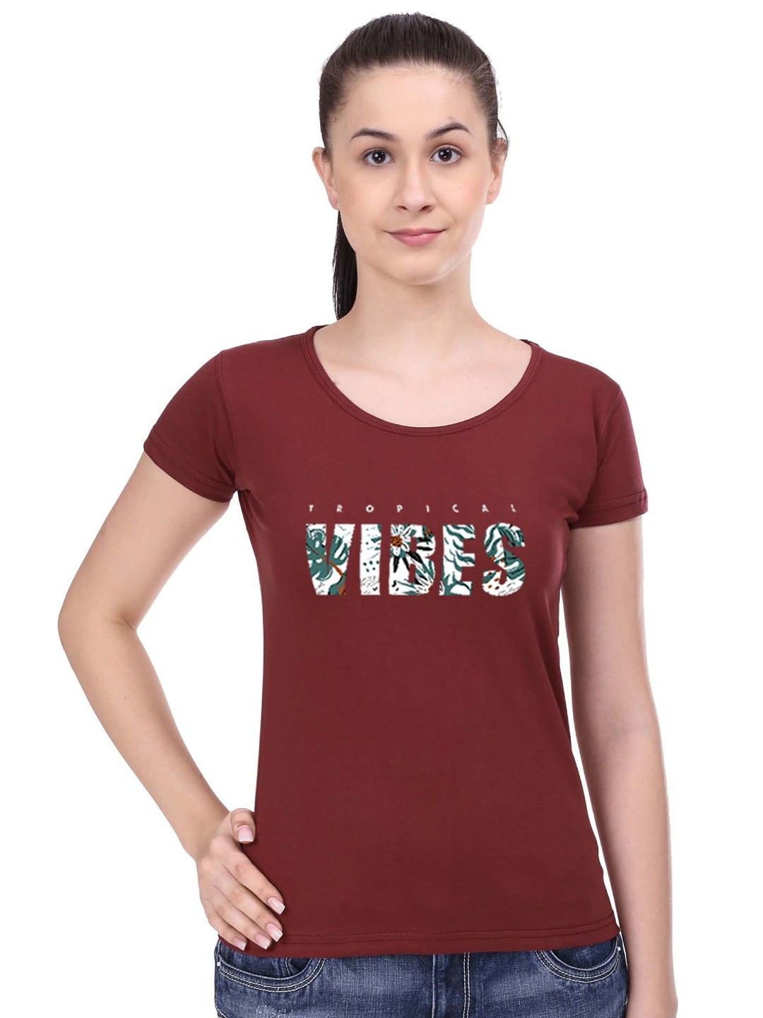 

STATUS MANTRA Women Printed Pockets T-shirt, Maroon