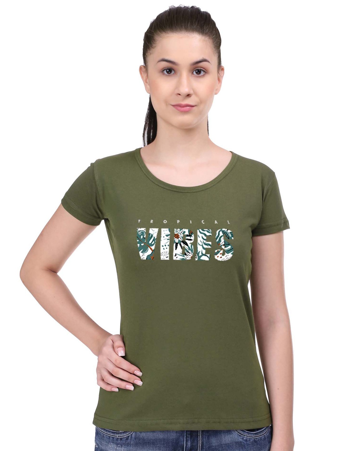

STATUS MANTRA Women Typography Printed T-shirt, Olive