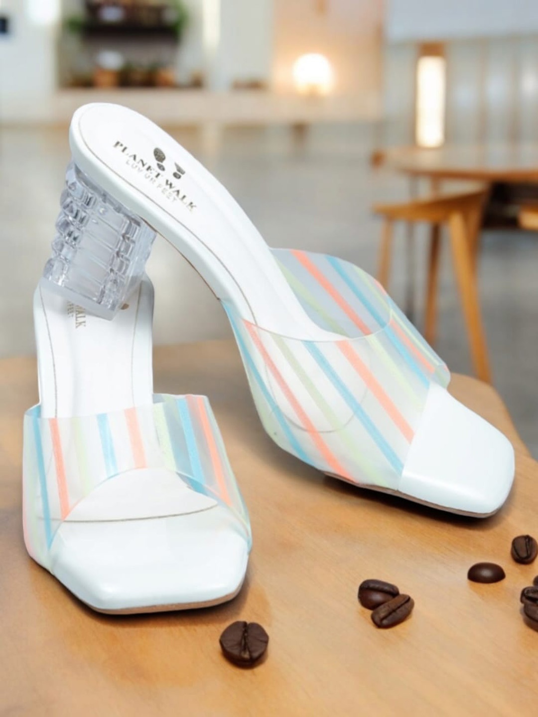 

PLANET WALK Striped Block Mules, White