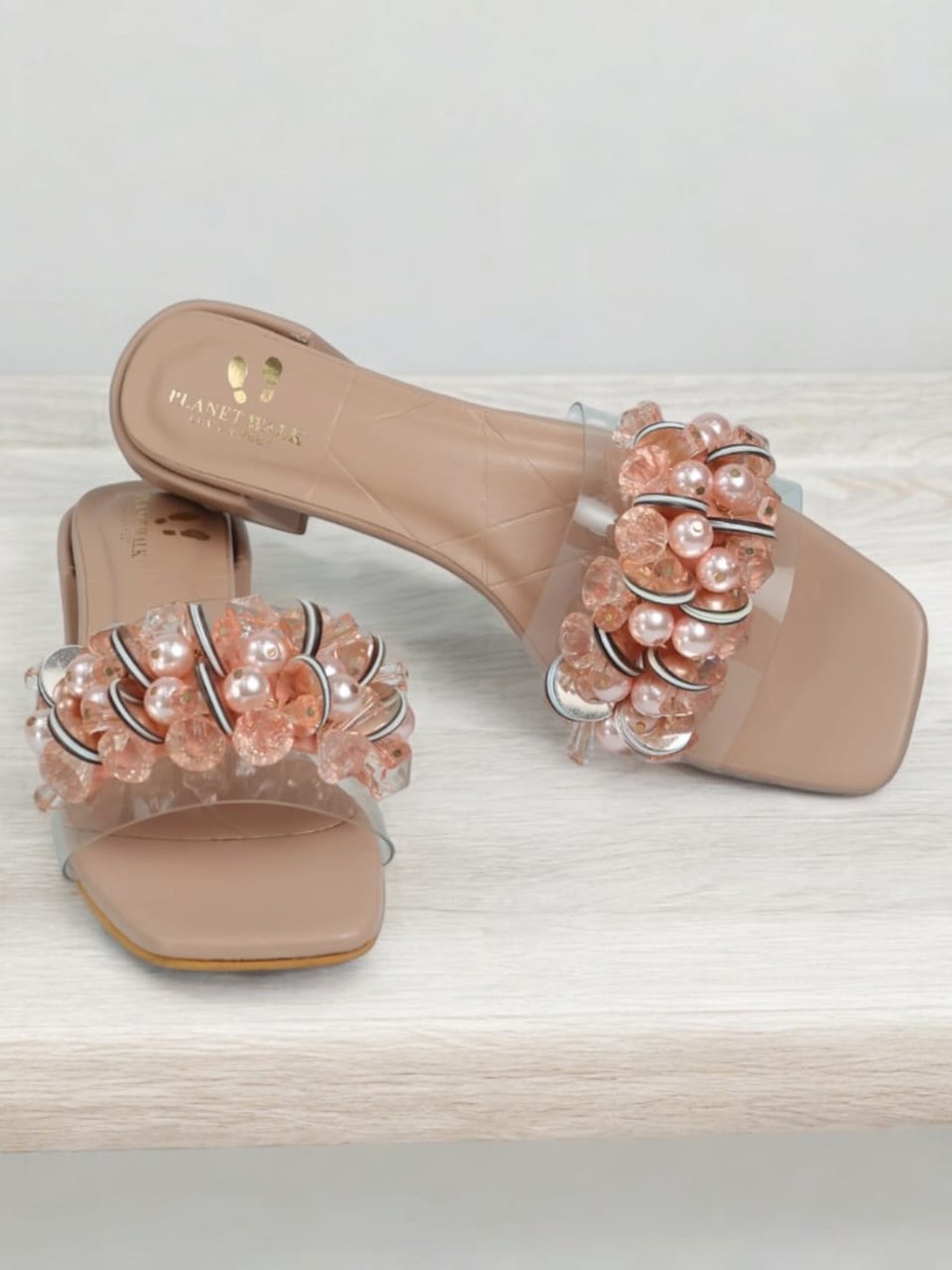 

PLANET WALK Embellished Block Mules, Peach