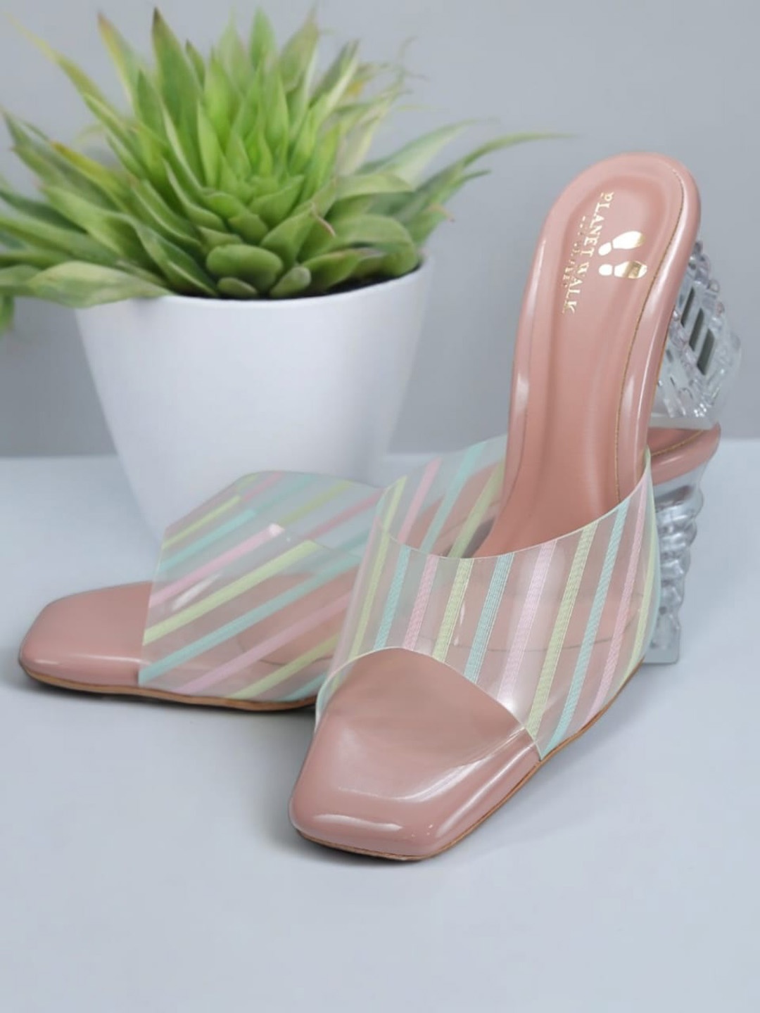 

PLANET WALK Women Striped Block Sandals, Pink
