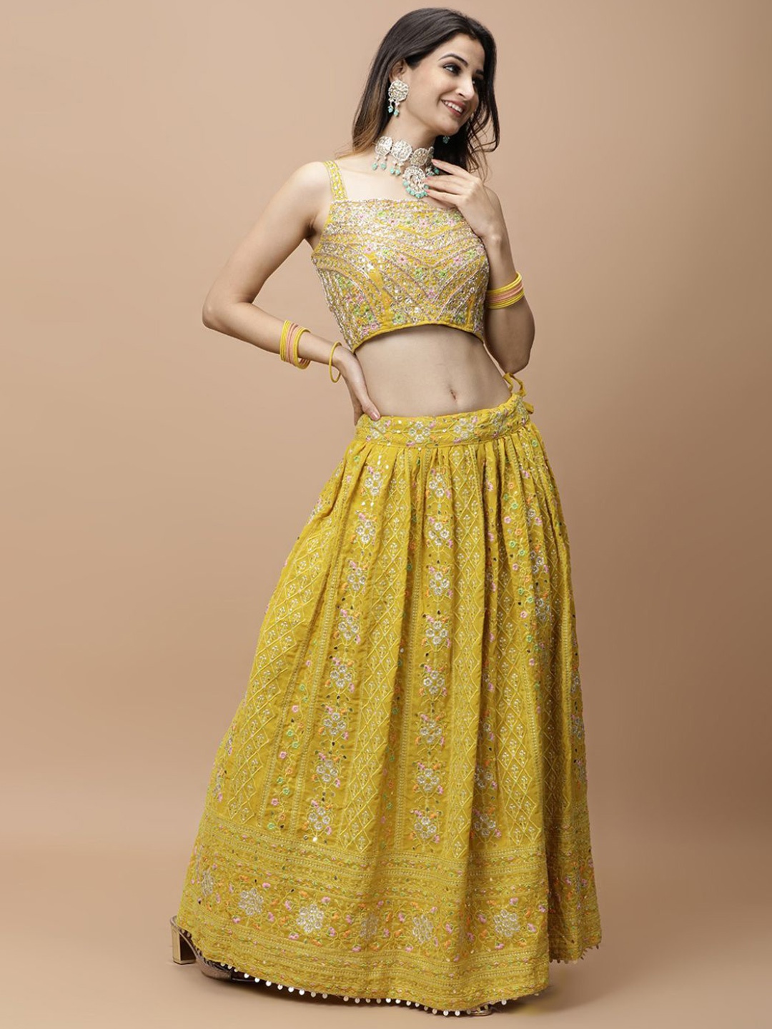 

Vervee Couture Embroidered Mirror Work Ready to Wear Lehenga, Yellow