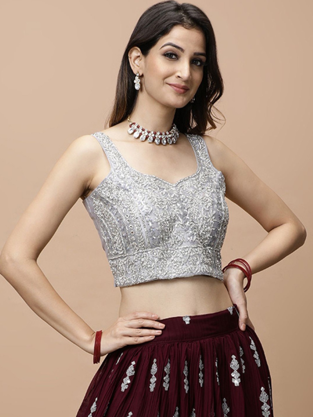 

Vervee Couture Embroidered Zardozi Ready to Wear Lehenga & Blouse With Dupatta, Maroon
