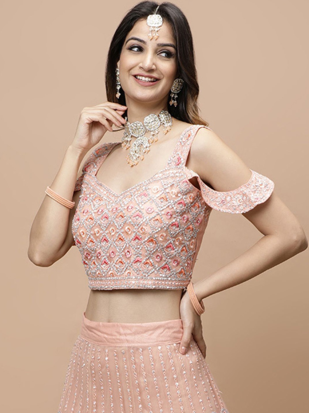 

Vervee Couture Embellished Ready to Wear Lehenga & blouse, Peach
