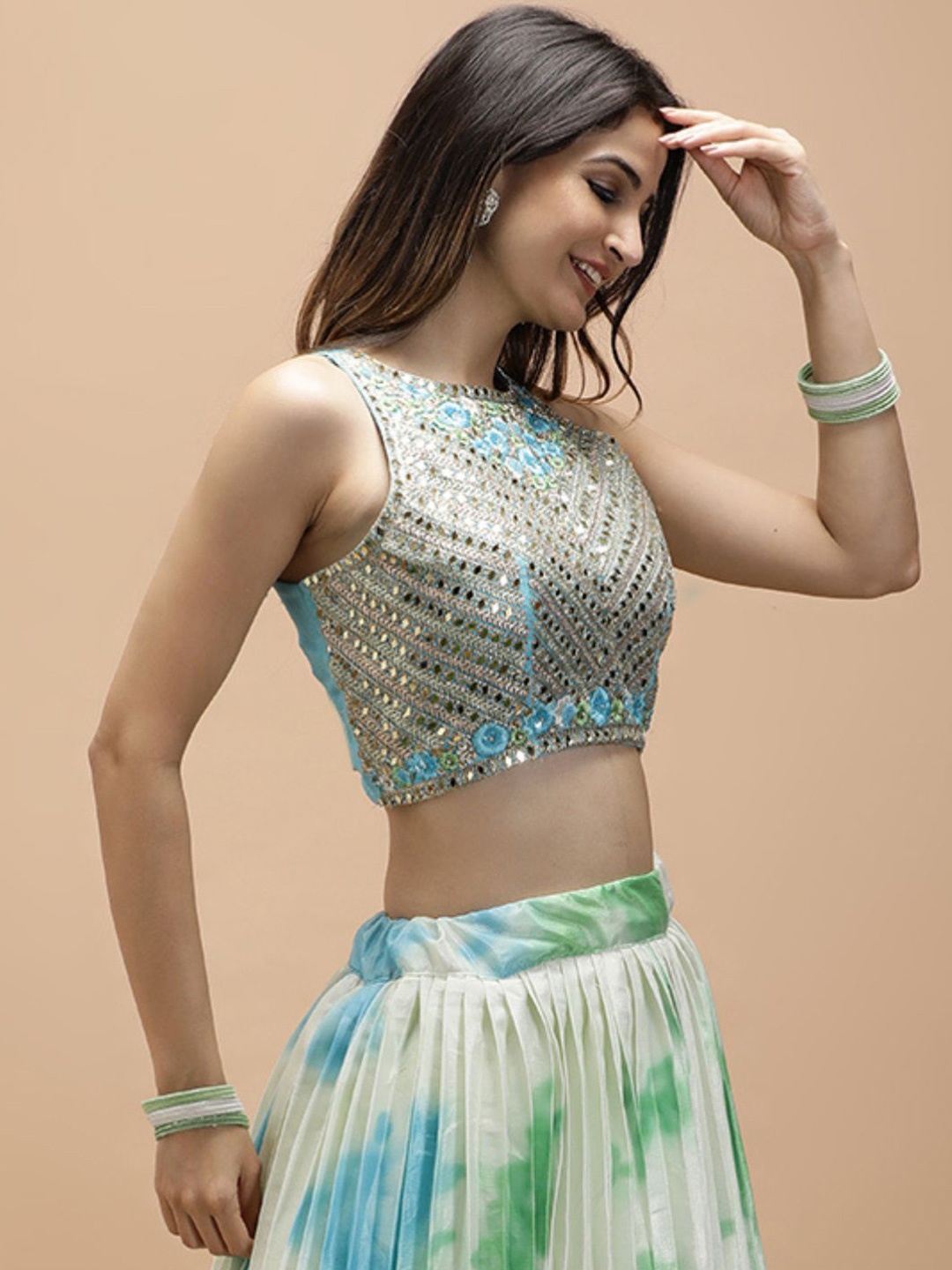 

Vervee Couture Embellished Mirror Work Ready to Wear Lehenga Choli, Turquoise blue