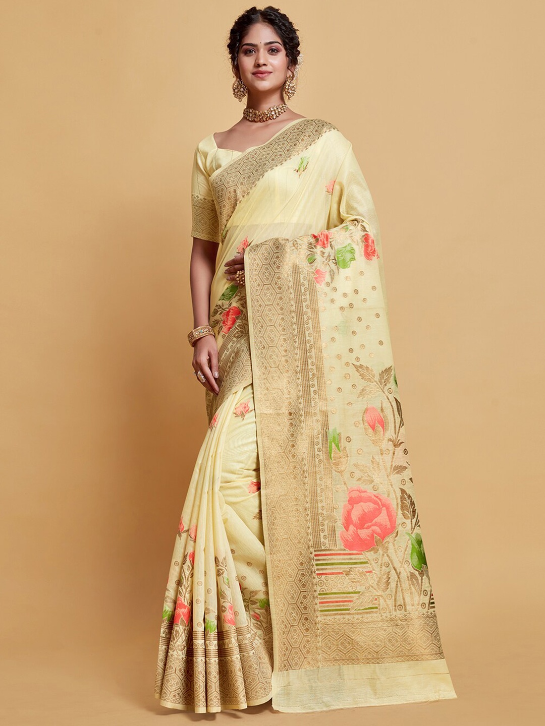 

Pionex Woven Design Zari Pure Cotton Banarasi Saree, Off white
