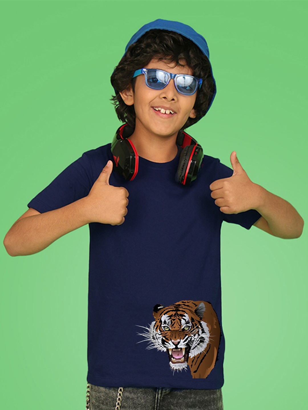 

NUSYL Boys Round Neck Tiger Head Printed T-shirt, Blue