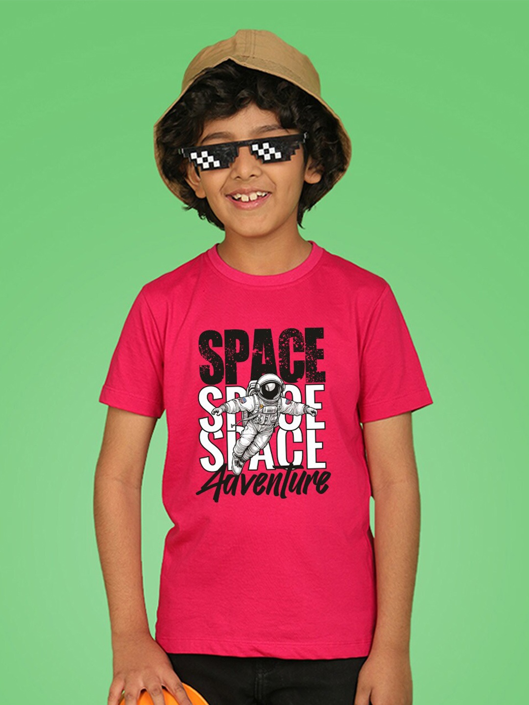 NUSYL Boys Typography Printed Round Neck T-shirt, Pink