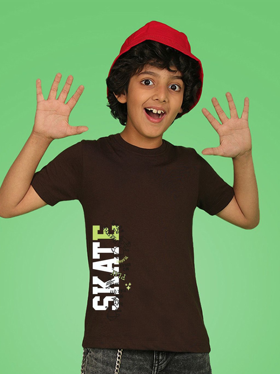 

NUSYL Boys Round Neck Typography Printed T-shirt, Brown