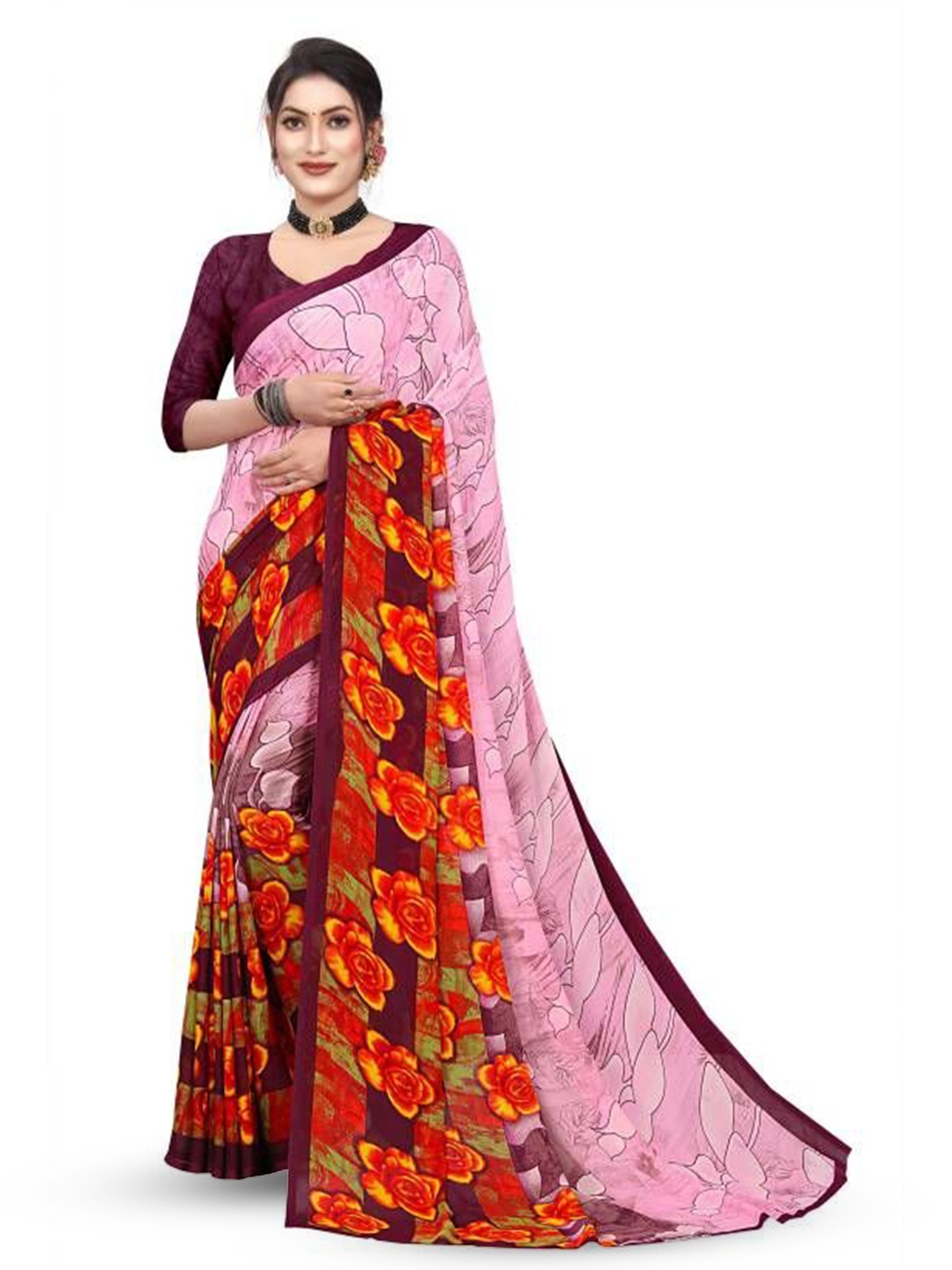 

RUNAYA NX Floral printed Pure Georgette Saree, Pink