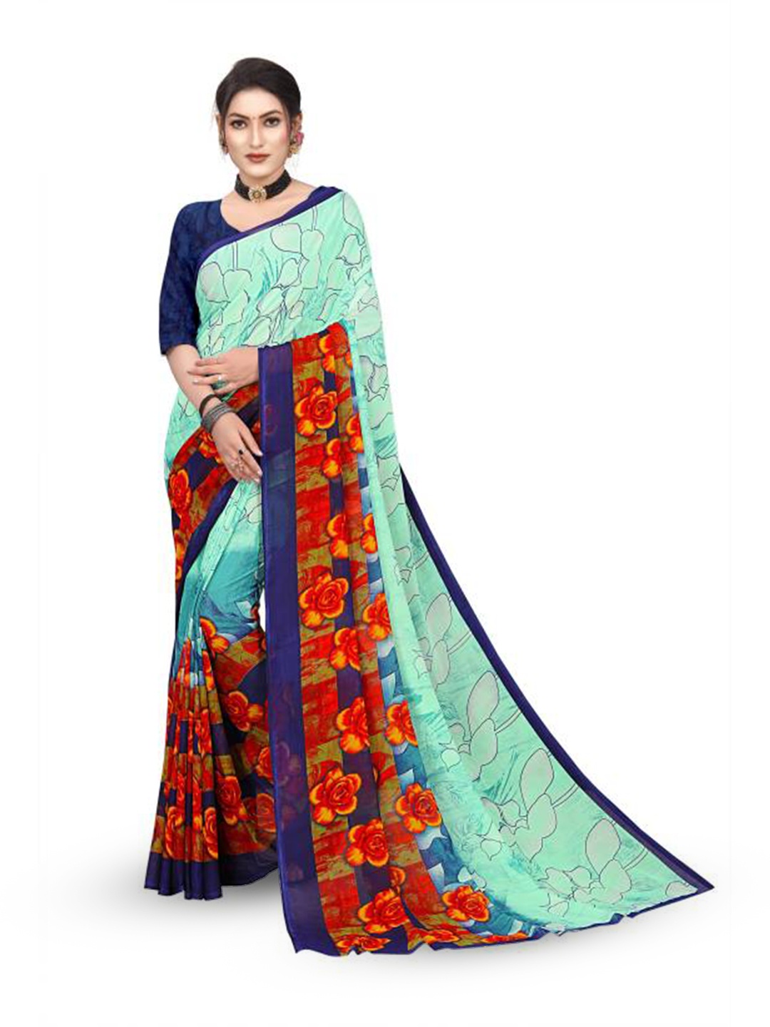 

RUNAYA NX Floral Printed Pure Georgette Saree, Green