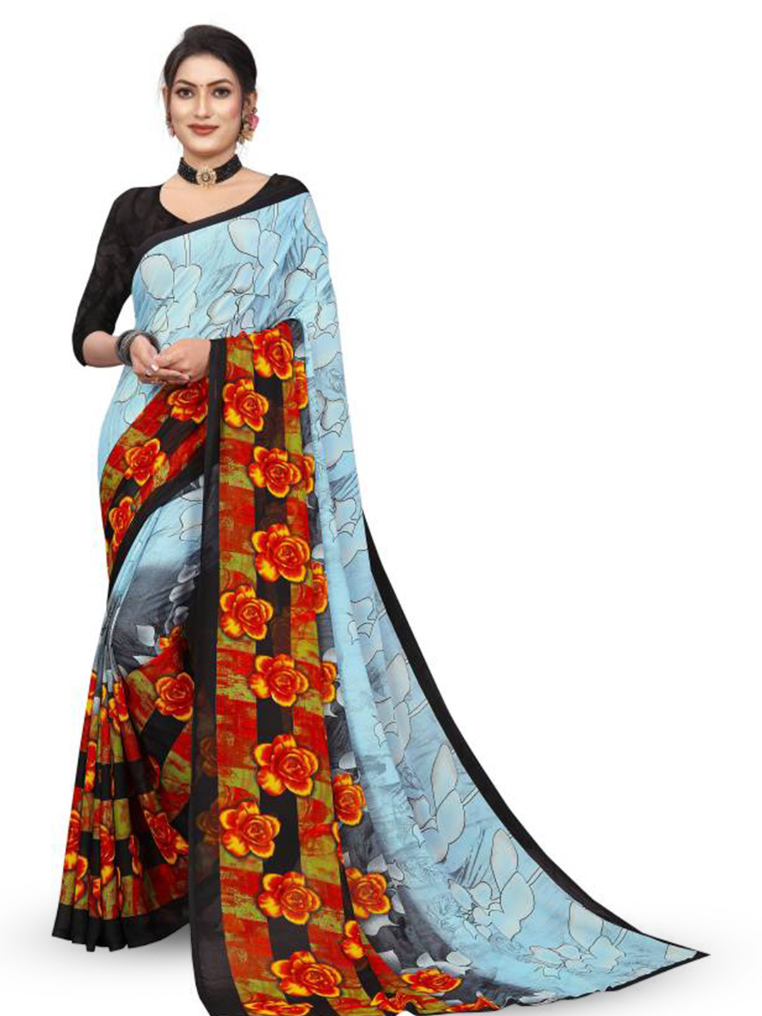 

RUNAYA NX Floral Printed Pure Georgette Saree, Grey