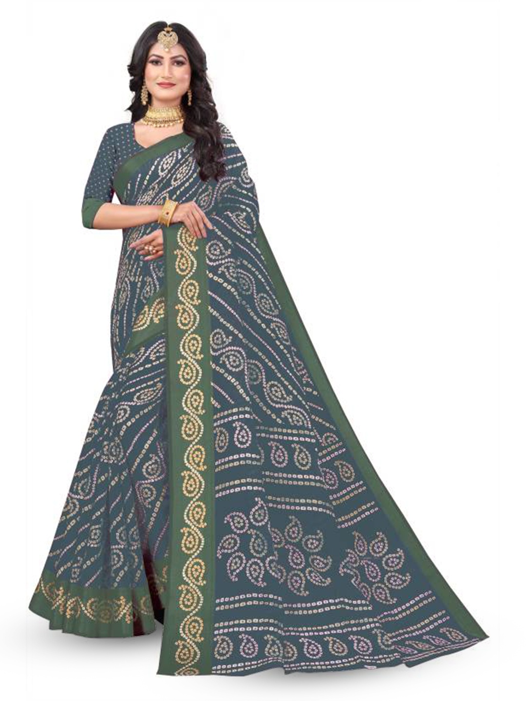 

RUNAYA NX Bandhani Saree With Blouse Piece, Grey