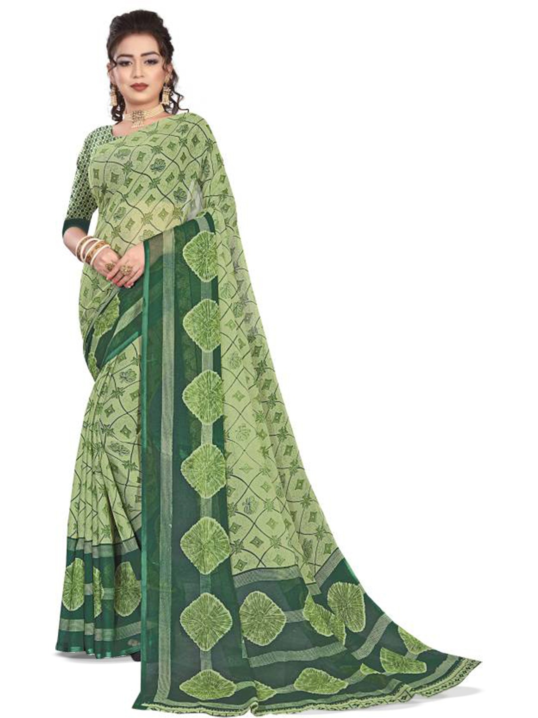 

RUNAYA NX Zari Geometric printed Pure Georgette Saree, Green