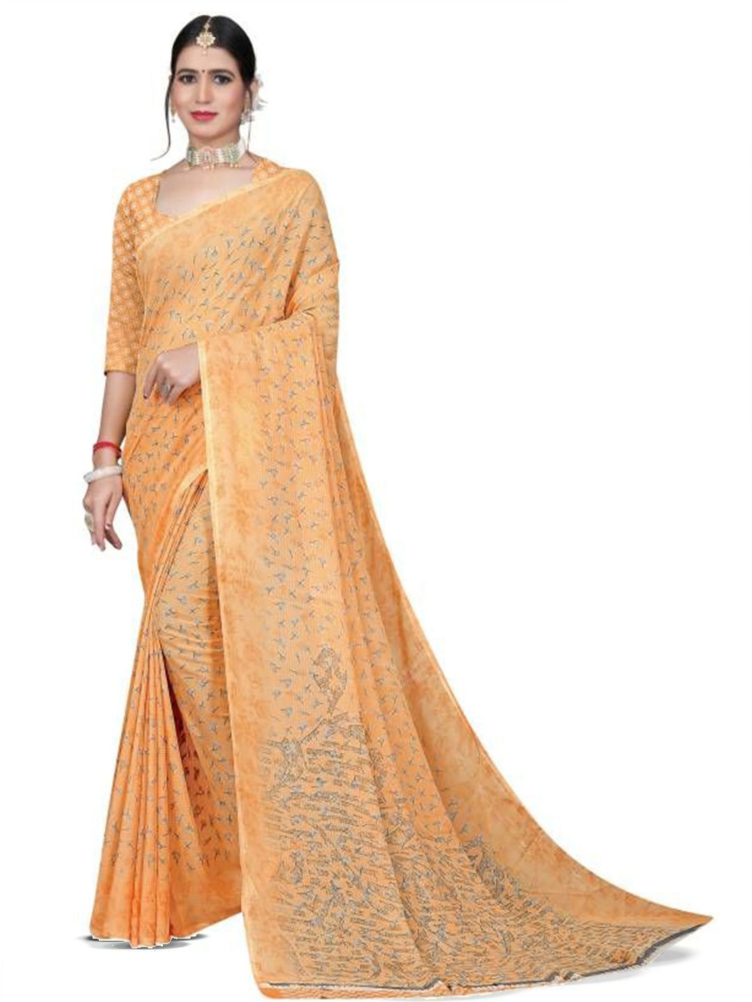 

RUNAYA NX Abstract Printed Pure Georgette Saree, Yellow