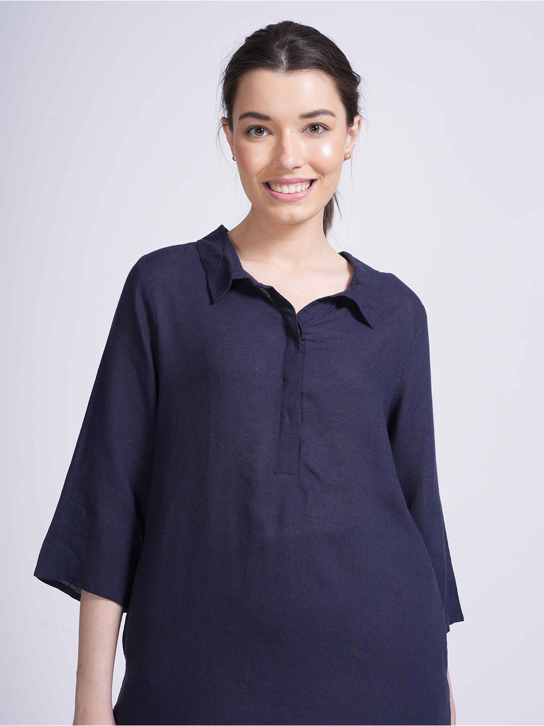 

Saltpetre Shirt Collar Solid Tunic, Navy blue