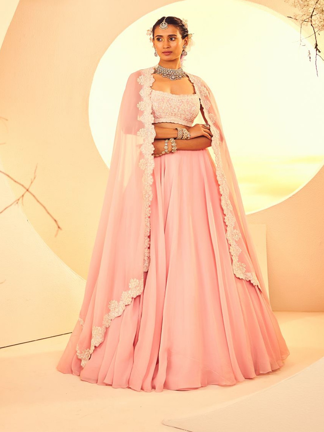 

ANEESH AGARWAAL Women Embroidered Thread Work Ready to Wear Lehenga & Blouse With Dupatta, Pink