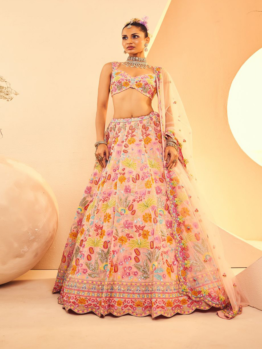 

ANEESH AGARWAAL Women Embroidered Thread Work Ready to Wear Lehenga & Blouse With Dupatta, Peach