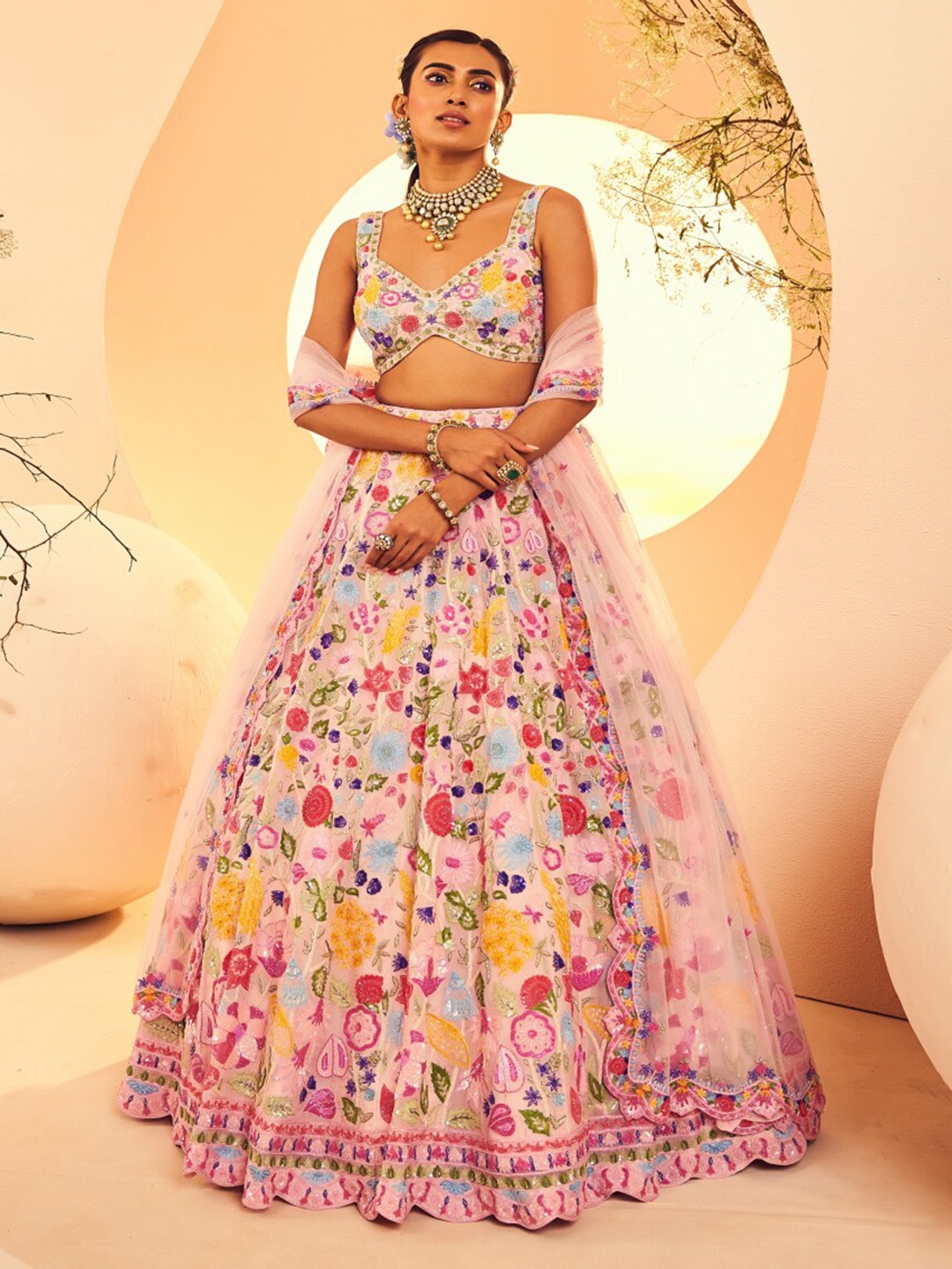 

ANEESH AGARWAAL Embroidered Thread Work Ready to Wear Lehenga & Blouse With Dupatta, Pink