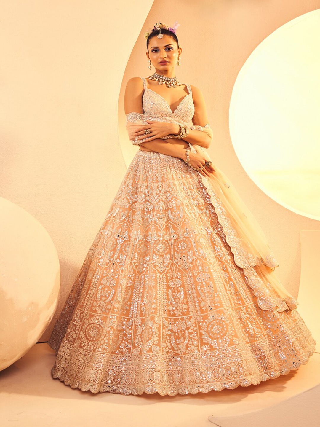 

ANEESH AGARWAAL Women Embellished Mirror Work Ready to Wear Lehenga & Blouse With Dupatta, Peach