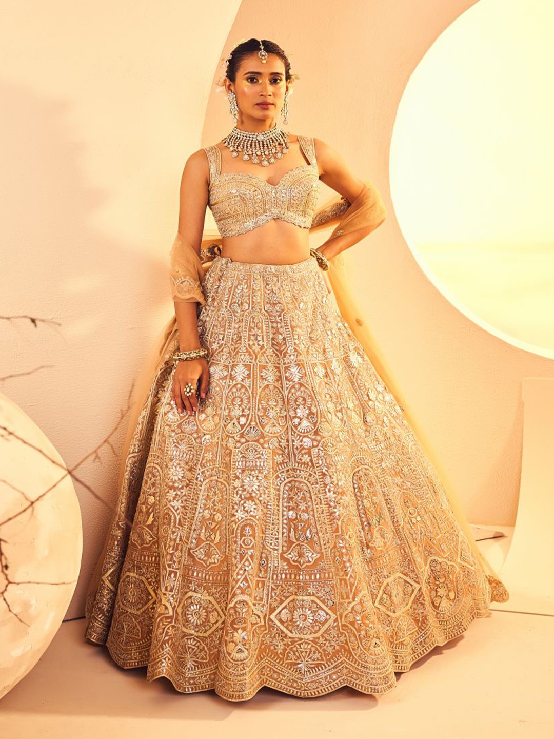 

ANEESH AGARWAAL Women Embellished Beads and Stones Ready to Wear Lehenga Choli, Gold
