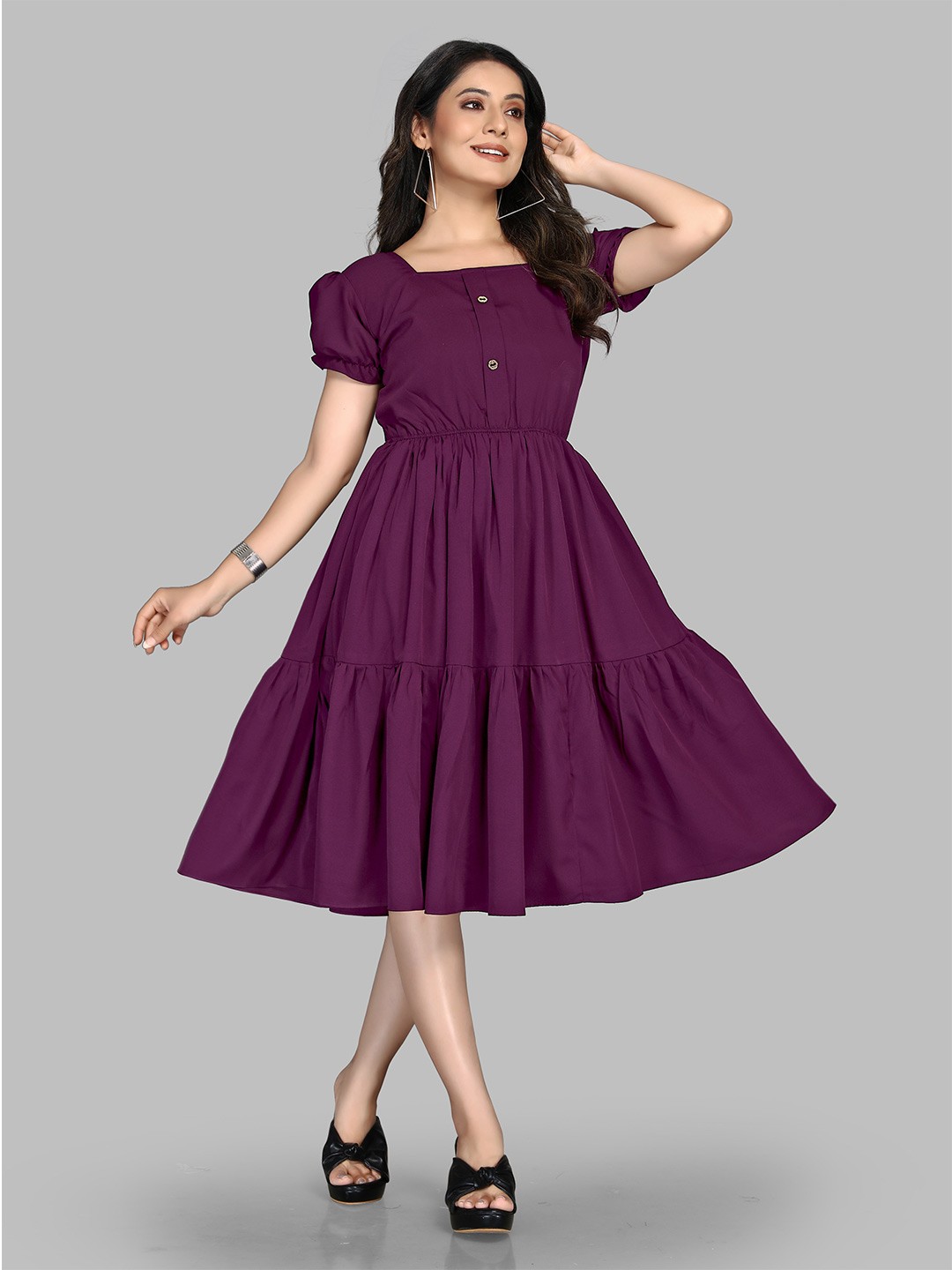 

BAESD Women Puff Sleeve Crepe Fit & Flare Dress, Purple
