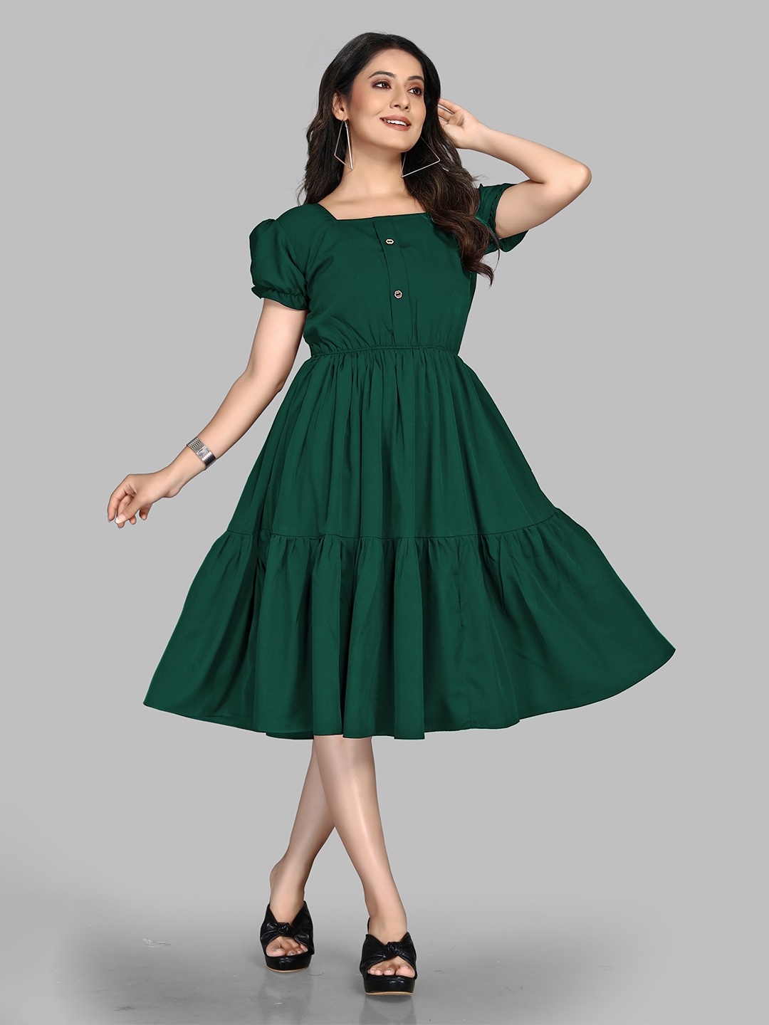 

BAESD Women Square Neck Puff Sleeve Crepe Fit & Flare Dress, Green