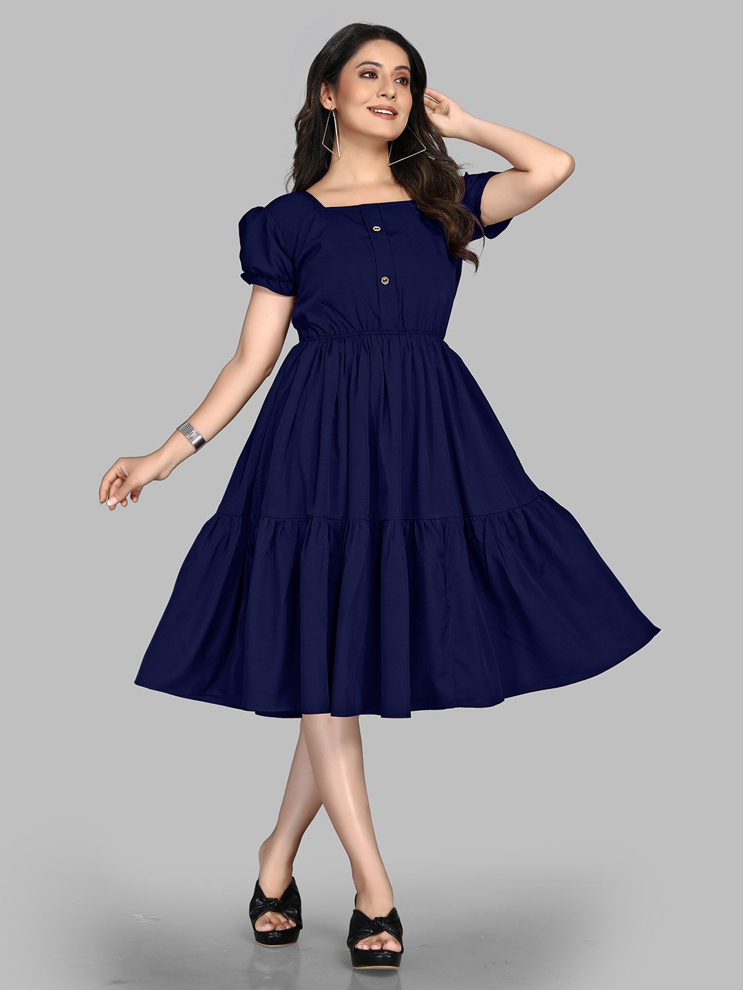 

BAESD Women Puff Sleeve Crepe Fit & Flare Dress, Blue